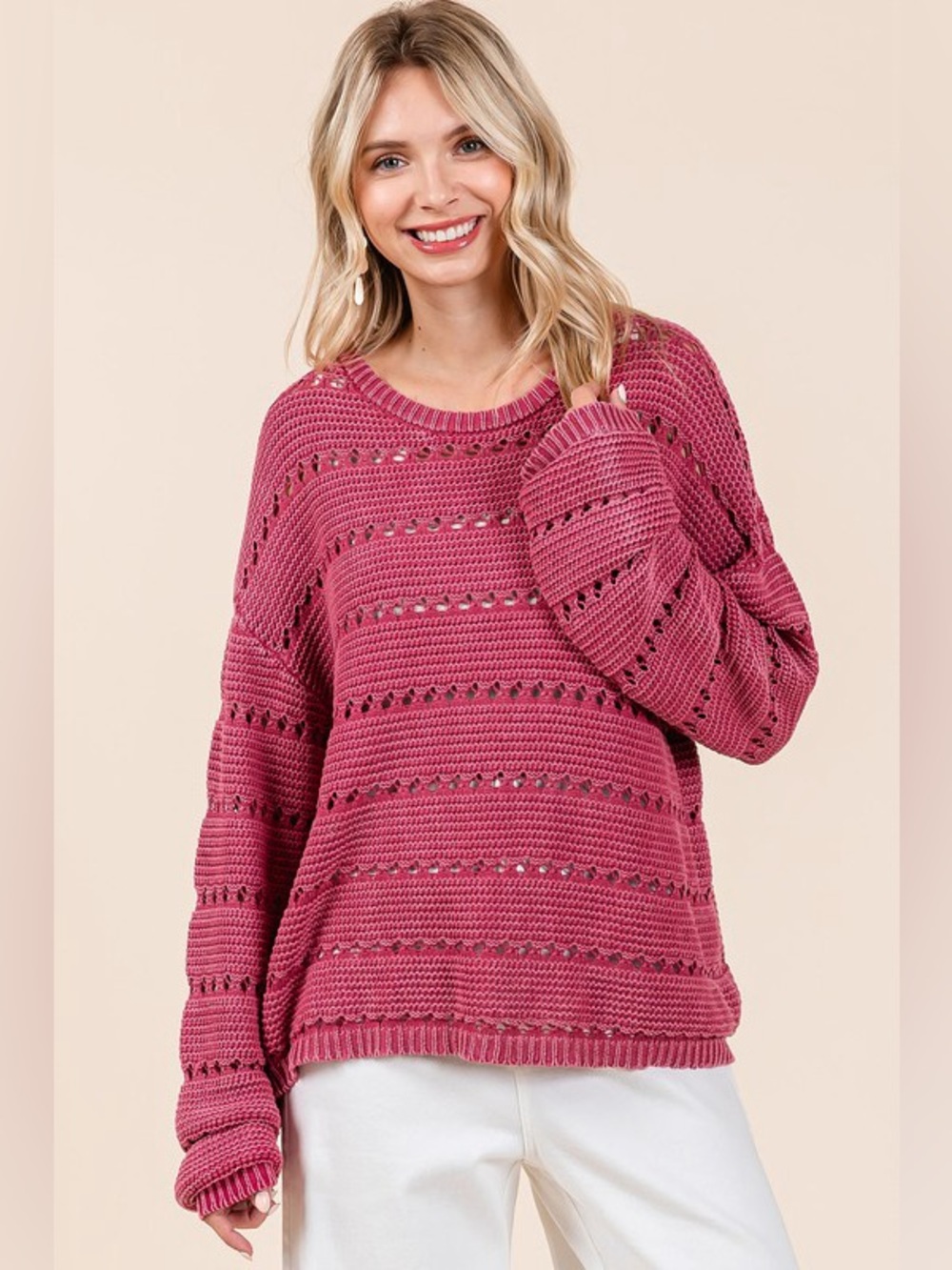 Mittoshop Openwork Round Neck Drop Shoulder Sweater
